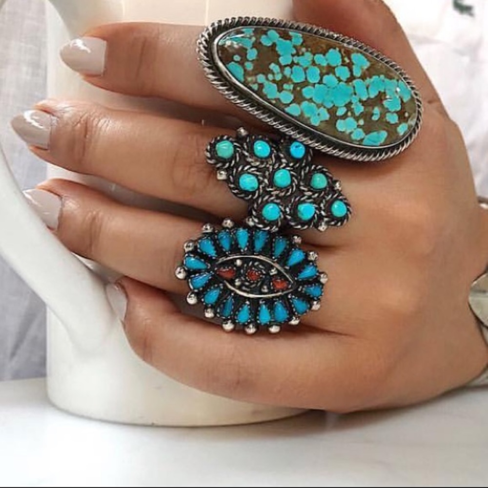 Vintage Native Made Turquoise Coral Cluster Ring